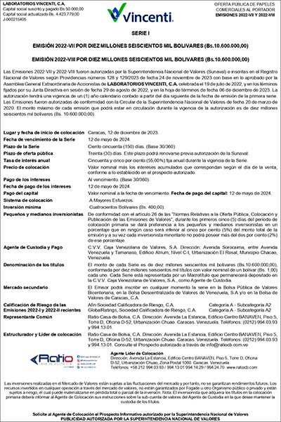 2022 Aviso de Prensa Serie I Vincenti Emisiones 2022-VII y VIII Miniatura