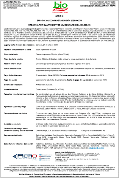 Alimentos FM | Oferta Pública de Papeles Comerciales al Portador. Emisiones 2021-XXVI hasta 2021-XXXVII Serie III