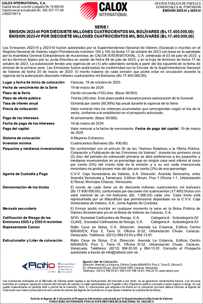 2023 Aviso de Prensa Serie-I Calox Emisiones 2023-III y 2023-IV Bs Miniatura