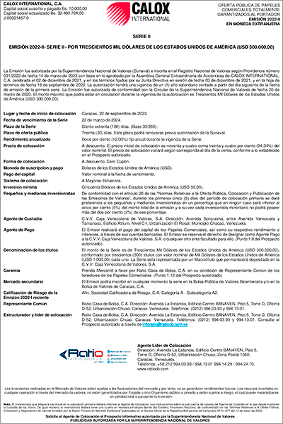 2023 Aviso de Prensa Serie II Calox Emisión 2022-II Express Miniatura