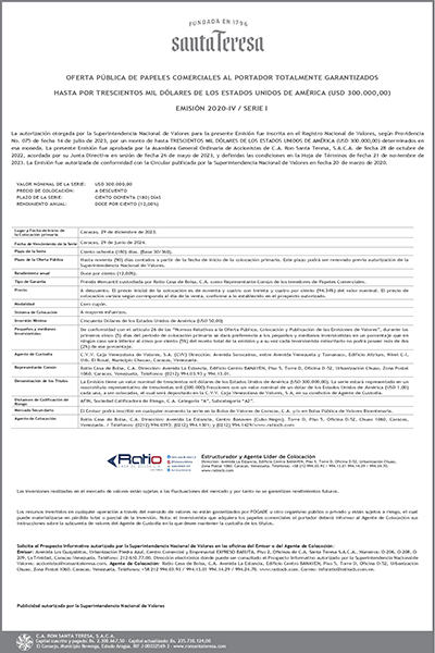 Ron Santa Teresa Aviso de Prensa Emisión 2020-IV Serie-I USD Miniatura