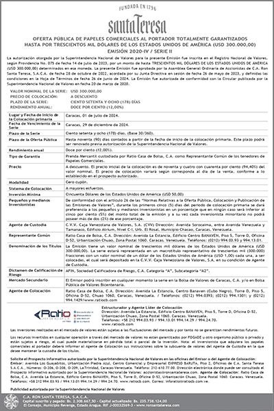 Ron Santa Teresa | Oferta Pública de Papeles Comerciales al Portador Totalmente Garantizados. Emisión 2020-IV Serie II Miniatura