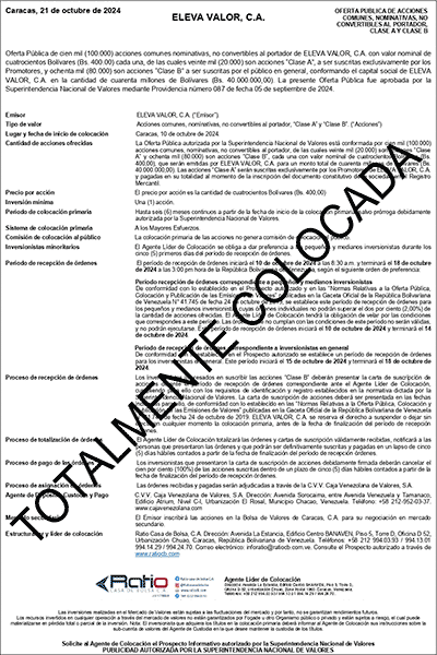 Totalmente Colocadas 100.000 acciones de ELEVA VALOR, C.A. Portada
