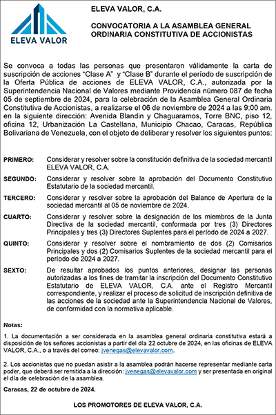 Eleva Valor, C.A. | Convocatoria Asamblea General Ordinaria Constitutiva de Accionistas #6Nov 2024 Portada