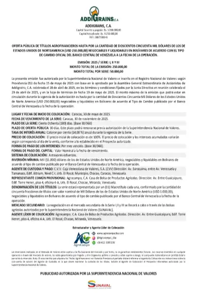 ADDIGRAINS | Oferta Pública de Títulos Agrofinancieros. Emisión 2025 Serie I, II Y III