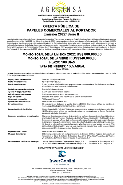 Agroinsa Aviso de Prensa Papeles Comerciales Emisión 2022 Serie-II Miniatura