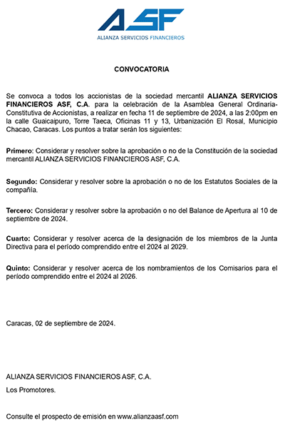 Alianza Servicios Financieros ASF Convocatoria Asamblea 11 septiembre 2024 Portada