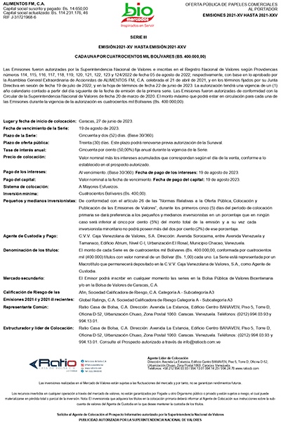 Alimentos FM Aviso de Prensa Papeles Comerciales Emisión 2021-XV hasta 2021-XXV Serie-III Express Miniatura