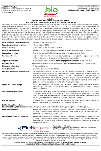 Alimentos FM Aviso de Prensa PPCC Emisión 2021 XXVI hasta 2021 XXXVII Serie II Miniatura