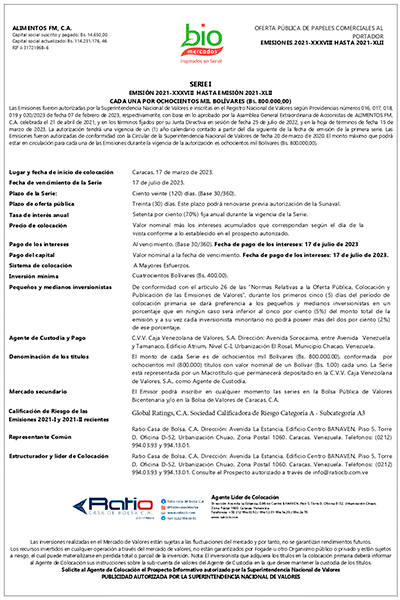 Alimentos FM Aviso de Prensa Papeles Comerciales Emisión 2021 XXXVII hasta 2021 XLII Serie I Miniatura