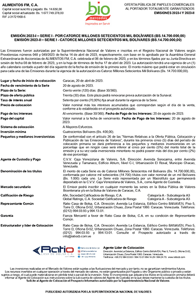 Alimentos FM Aviso de Prensa Papeles Comerciales Emisión 2023-I 2023-II Serie-I Miniatura