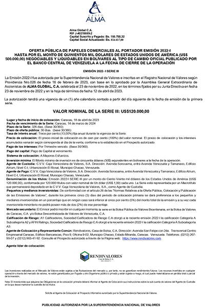 Alma Global Aviso de Prensa Papeles Comerciales Emisión 2022 I Serie III Miniatura