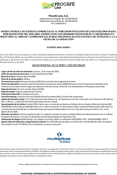 Procafé Lara Aviso de Prensa Emisión 2024 Serie-I Miniatura
