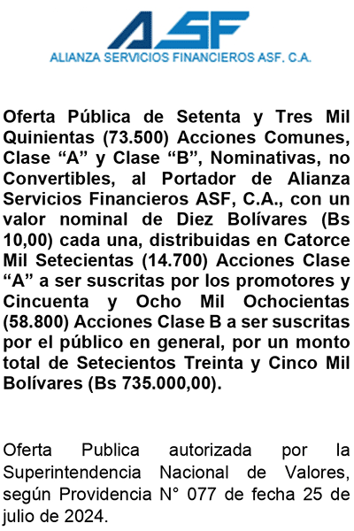 Alianza Servicios Financieros ASF, C.A. | Oferta Pública de 73.500 Acciones Comunes, Clase “A” y Clase “B”, no Convertibles al Portador Miniatura