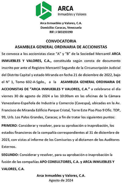 Convocatoria Asamblea General Ordinaria de Accionistas 30 agosto 2024 Miniatura