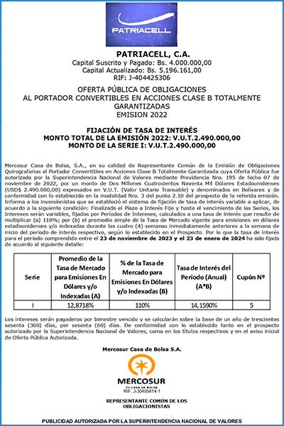 PATRIACELL, C.A. | Fijación de Tasas de Interés. Obligaciones Emisión 2022. Cupón Nº 5 Portada