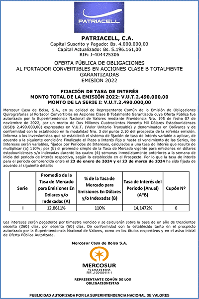 PATRIACELL, C.A. | Fijación de Tasas de Interés. Obligaciones Emisión 2022. Cupón Nº 6 Miniatura