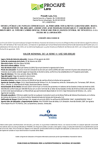 Aviso de Prensa Procafé Lara Emisión 2023 Serie II Miniatura