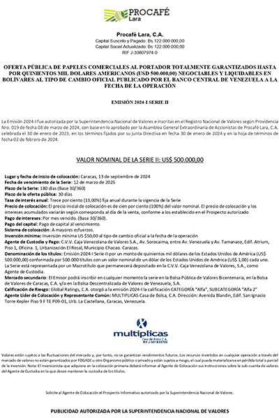 Procafé Lara | Oferta Pública de Papeles Comerciales Totalmente Garantizados. Emisión 2024-I Serie II
