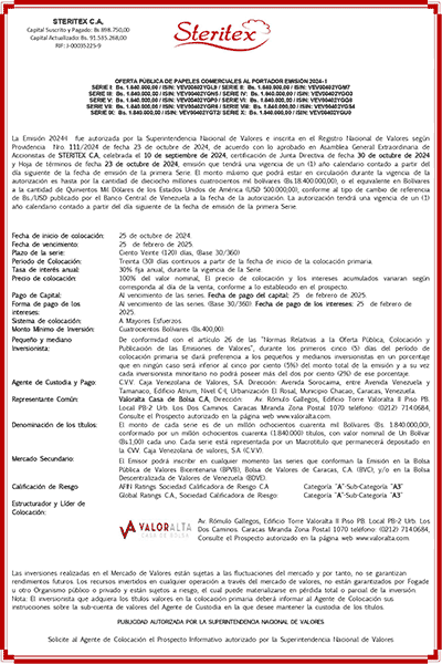 Steritex, C.A. | Oferta Pública de Papeles Comerciales al Portador. Emisión 2024-I / Series I hasta X Portada