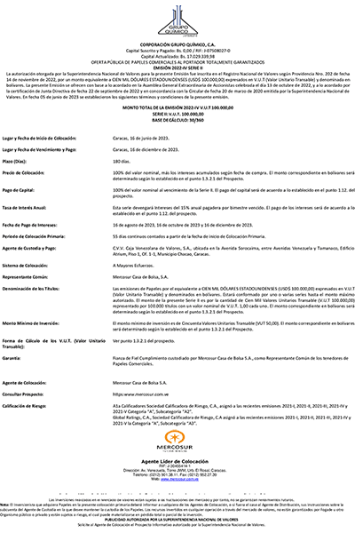 Aviso de prensa Corporación Grupo Químico Emisión 2022-IV Serie-II Miniatura