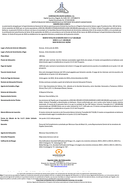 Aviso de prensa Corporación Grupo Químico Emisión 2022-V Serie-II Miniatura