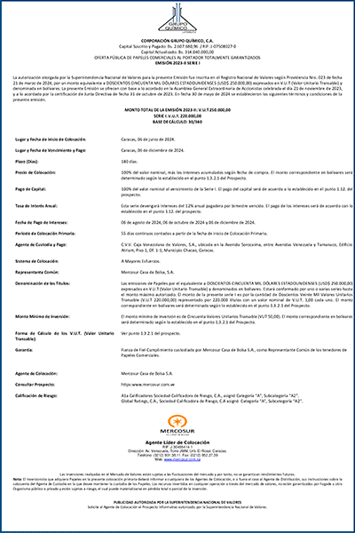 Corporación Grupo Químico, C.A. | Oferta Pública de Papeles Comerciales al Portador Totalmente Garantizados. Emisión 2023-II / Serie I