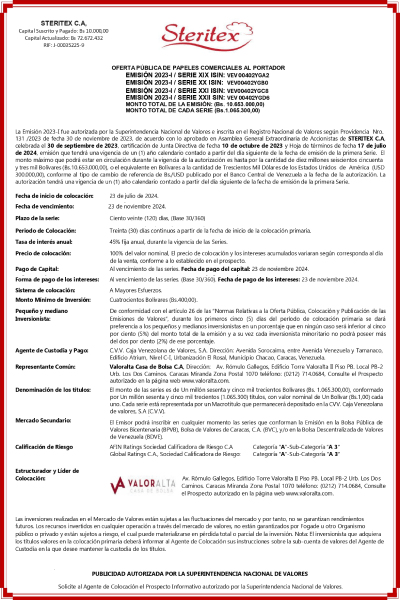 Aviso de prensa Emisión 2023-1 Seriea19-20-21-22 Steritex Miniatura