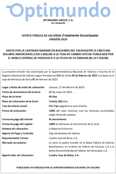 Optimundo Group, C.A. | Oferta Pública de Valorem (Totalmente Garantizada). Emisión 2024 Portada