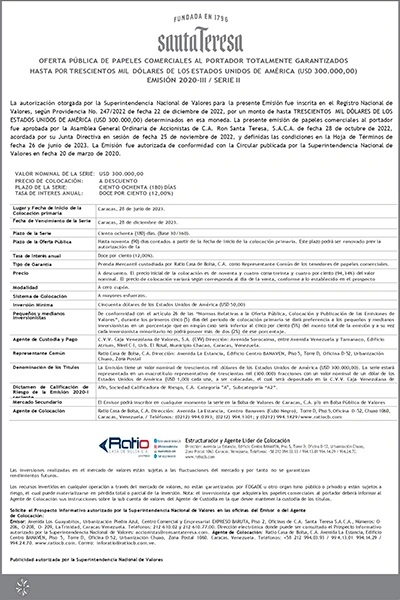 Ron Santa Teresa Aviso de Prensa Emisión 2020-III Serie-II USD Miniatura