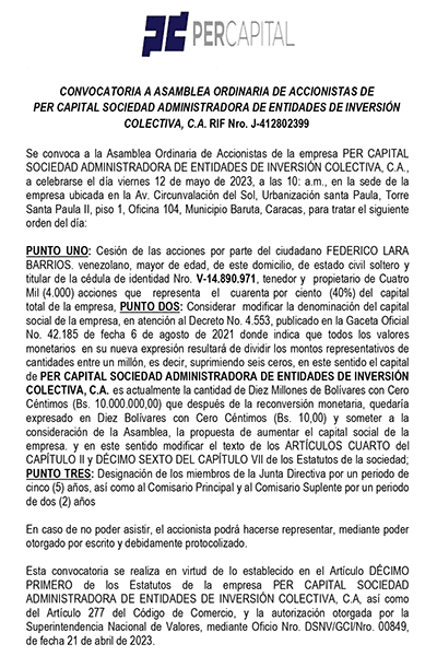 Convocatoria Asamblea Ordinaria de Accionistas | Per Capital Sociedad Administradora de Entidades de Inversión Colectiva, C.A. Miniatura