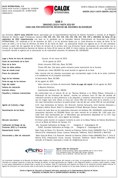 Calox Aviso de Prensa Papeles Comerciales Emisiones 2022-V hasta 2022-XVI Serie II Miniatura