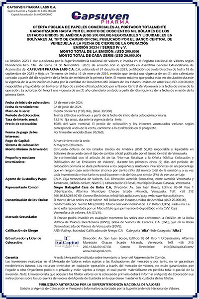 Capsuven Pharma Labs | Oferta Pública de Papeles Comerciales al Portador. Emisión 2023-I / Series IV y V Miniatura