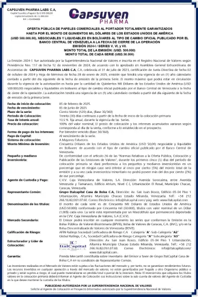 Capsuven Pharma Labs | Oferta Pública de Papeles Comerciales al Portador Totalmente Garantizados. Emisión 2024-I / Series V, VI y VII Miniatura