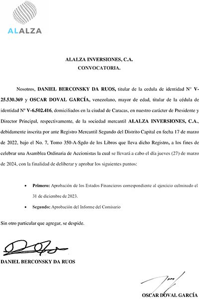 Aviso Convocatoria ALALZA Inversiones 2024 Miniatura