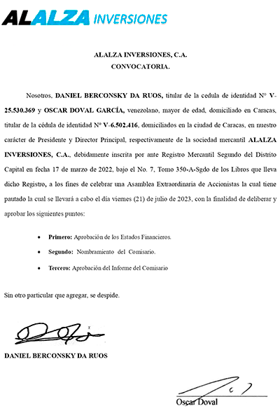 Convocatoria Asamblea Alalza Inversiones 2023 Julio 21 Miniatura