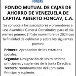 FONDO MUTUAL DE CAJAS DE AHORRO DE VENEZUELA DE CAPITAL ABIERTO FONCAV, C.A. Convocatoria Asamblea General Constitutiva