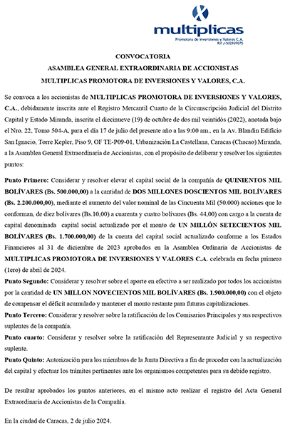 Convocatoria Asamblea General Extraordinaria de Accionistas de Multiplicas Promotora de Inversiones y Valores, C.A. Miniatura