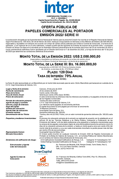 Inter Aviso de Prensa Papeles Comerciales Emisión-2022 Serie-III Miniatura