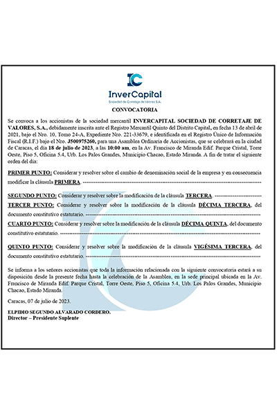 Invercapital Sociedad de Corretaje de Valores Convocatoria-Asamblea 18 de Julio de 2023 Miniatura