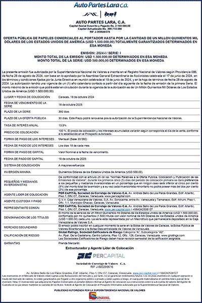 Auto Partes Lara, C.A. | Oferta Pública de Papeles Comerciales al Portador. Emisión 2024-I / Serie I Miniatura