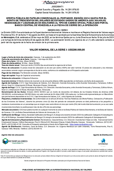 MENSSAJERO C.A. Aviso de Prensa Emisión 2023-I SERIE-I Miniatura
