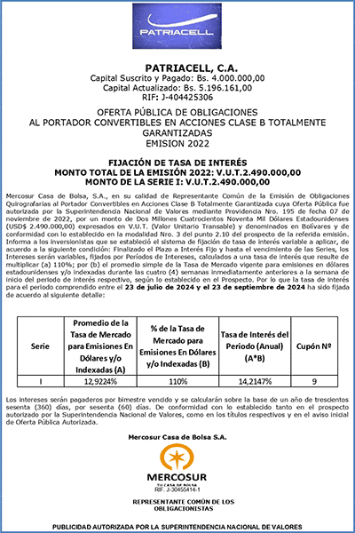 PATRIACELL, C.A. | Fijación de Tasas de Interés. Obligaciones Emisión 2022. Cupón Nº 9 Miniatura