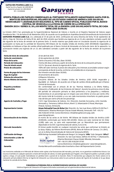 Capsuven Pharma Labs | Oferta Pública de Papeles Comerciales al Portador. Emisión 2023-I / Series XI, XII y XIII Miniatura
