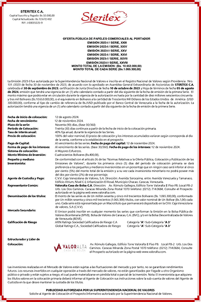 Steritex Aviso de prensa Emisión 2023-1 Series 23, 24, 25, 26, 27 y 28 Miniatura