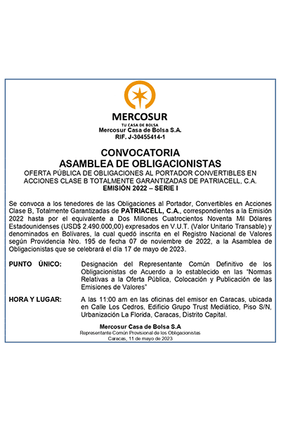 Patriacell Aviso de Prensa Convocatoria Asamblea Obligacionistas Miniatura