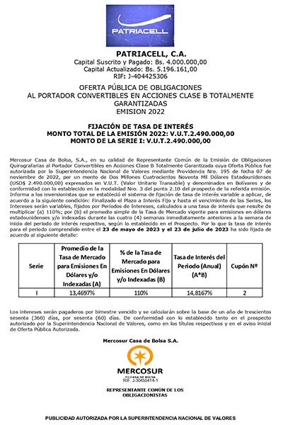 Patriacell Aviso de Prensa Fijacion de Tasas Cupón Nro 2 Miniatura