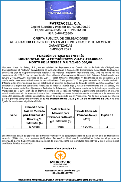 Patriacell Aviso de Prensa Fijación de Tasas Cupón Nro 4 Miniatura