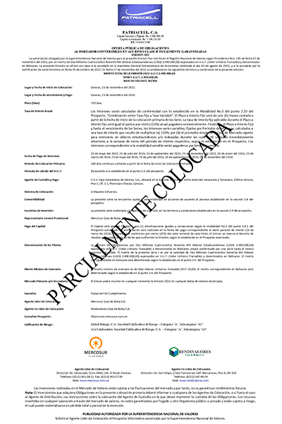 Patriacell Aviso de Prensa Obligaciones Emisión 2022 Parcialmente Colocado Miniatura