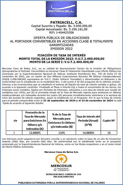 PATRIACELL, C.A. | Fijación de Tasas de Interés. Obligaciones Emisión 2022. Cupón Nº 10 Portada